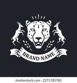 The vintage and decorated logo represents a cheetah with a couple of impalas. Big cat logo clipart. Can be used for labels, banners, or badges.