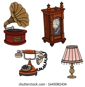 Vintage decoration elements set. Antiques. Gramophone, wooden wall clock, retro rotary telephone, lampshade. 