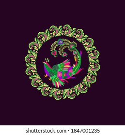 Vintage decoration with floral round frame and magic bird for Persian carpet, plate porcelain design, greeting card, wedding invitation, book page decor on dark violet background