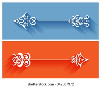 Vintage decorative arrows collection hand drawn in graphic style with long shadow, isolated design elements set.