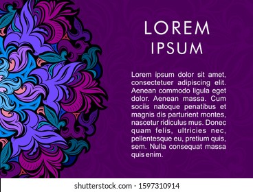 Vintage decorative background with bright colorful mandala and neon effect. Decorative floral background drawn by hand. Damask, Baroque, Rococo, Victorian motifs. Template cards, invitations, cover