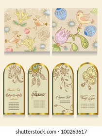 vintage, decorative background with floral patterns and birds. a set of vintage cards and labels