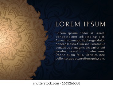 Vintage decorative background with mandala, gold on dark blue. Decorative floral background. Damask, Baroque, Rococo, Victorian motifs. Template card, invitation, cover, sale, ad, banner, certificate