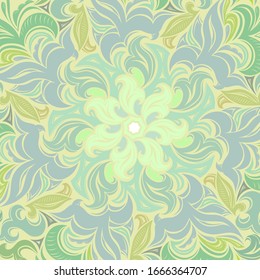 Vintage decorative background with soft green spring mandala and plant. Decorative floral background. Damask, Baroque, Rococo, Victorian motif. Templates for card , sale, ad, banner, invitation, cover