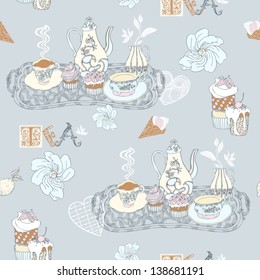 Vintage decorative background, tea time vector seamless pattern, colored fabric, blue wallpaper and wrapping with graphic tea, cup, cake, teapot, lemon, tray, flower and leaf ornaments for design