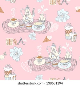 Vintage decorative background, tea time vector seamless pattern, colored fabric, pink wallpaper and wrapping with graphic tea, cup, cake, teapot, lemon, tray, flower and leaf ornaments for design