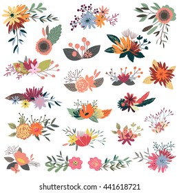 Vintage decorative boquet and flowers collection. Hand drawn vector design elements. Template for Scrapbooking, Stickers, Planner, Invitations.