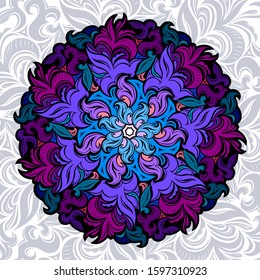 Vintage decorative bright colorful mandala with neon effect. Decorative floral background drawn by hand. Damask, Baroque, Rococo, Victorian motifs. Template cards, invitations, greetings, cover