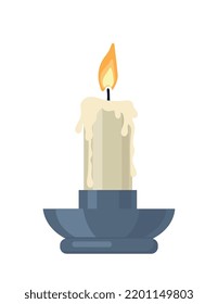 Vintage decorative candle. Medieval retro wax candle in silver holder to illuminate castle or room. Design element for home decoration. Cartoon flat vector illustration isolated on white background