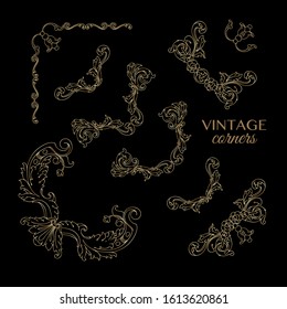 Vintage decorative corner. Set of floral retro patterns. Graphic design in baroque style. Vintage hand drawn thin golden line isolated on black. Decorative antique acanthus swirl. Vector illustration