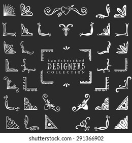 Vintage decorative corners collection. Hand drawn vector design elements. Chalk on blackboard.