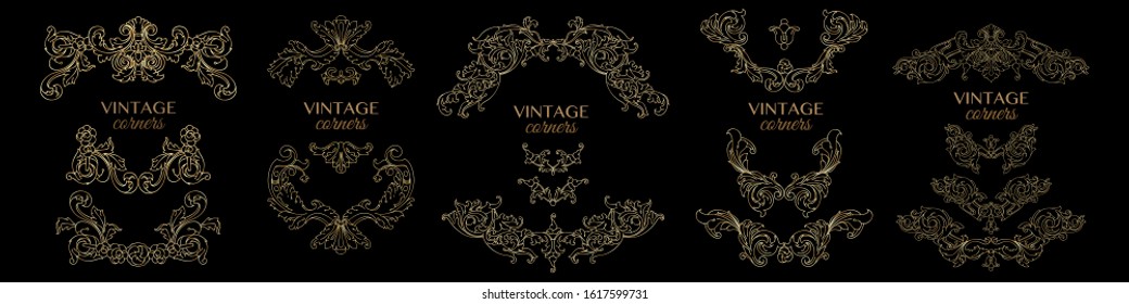 Vintage decorative corners and elements. Set of floral retro patterns. Graphic design in baroque style. Hand drawn thin golden line isolated on black. Decorative antique swirl. Vector illustration.