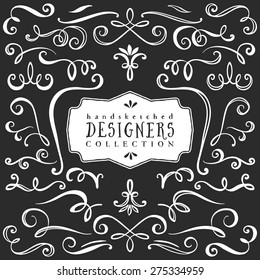 Vintage decorative curls and swirls collection. Hand drawn vector design elements on blackboard.