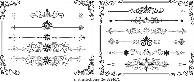 Vintage Decorative Divider and Border Ornament Set Hand Drawn Floral and Swirl Elements on White Background Decorative line borders, elegant design elements 
