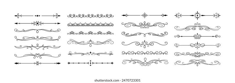 Conjunto de Elementos de Vector plano decorativos Antiguas dividers. Delimitadores de texto elegantes con remolinos de colección de diseño antiguo sobre fondo blanco