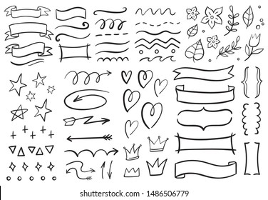 Vintage decorative doodles. Hand drawn ribbon, outline arrows and doodle holidays cards decorations. Flower, heart, star and curved lines black ink ornate. Isolated vector symbols set