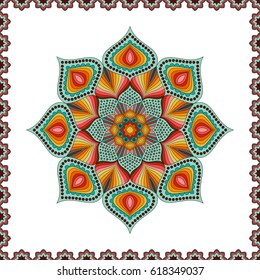 Vintage Decorative Element Colored Mandala. Bright Colorful Oriental Circular Striped Pattern in Frame.