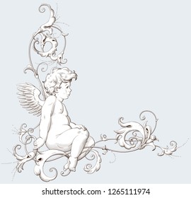 Vintage decorative element engraving with Baroque ornament pattern and cupid. Hand drawn vector illustration