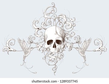 Vintage decorative element engraving with Baroque ornament, skull and birds. Hand drawn vector illustration