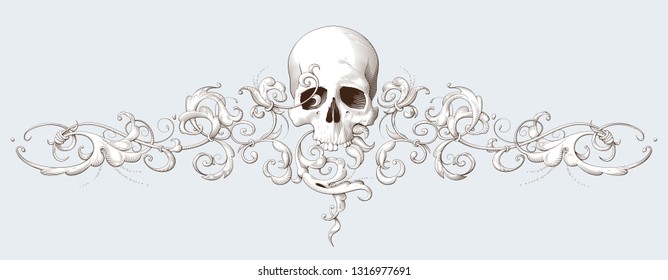 Vintage decorative element engraving with Baroque ornament and skull. Hand drawn vector illustration