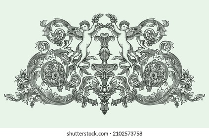 Vintage decorative element engraving with Baroque ornament pattern and cupids. Hand drawn vector illustration