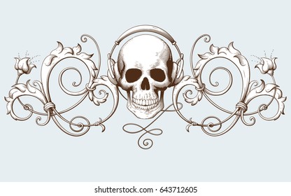 Vintage decorative element engraving with Baroque ornament pattern and skull with headphones. Hand drawn vector illustration