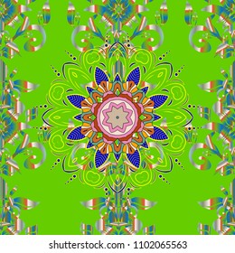 Vintage decorative element on a green, blue and neutral colors. Invitation with colored mandala. Vector pattern for wedding card illustration.