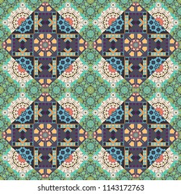 Vintage decorative elements. Abstract colorful mosaic style. Indian, Arabic, Turkish motifs. Vector patchwork quilt pattern in beige, blue and gray colors. Hand drawn seamless pattern.