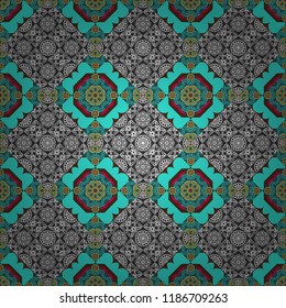 Vintage decorative elements. Abstract colorful mosaic style. Vector patchwork quilt pattern in gray, blue and brown colors. Hand drawn seamless pattern. Indian, Arabic, Turkish motifs.