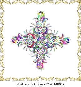 Elementos decorativos de época. Resumen Mandala. Ilustración vectorial. Patrón de color oriental en tonos blancos, neutros y verdes. Motivos islámicos, árabes, indios, turcos, pakistán, chinos, otomanos.