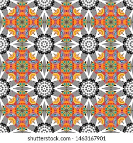 Vintage decorative elements in blue, gray and orange colors. Tribal motifs. Vector oriental background in saturated colors. Seamless pattern mandala ornament.