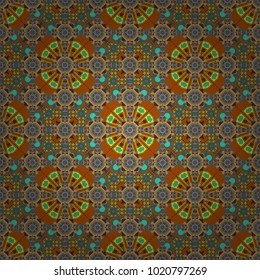 Vintage decorative elements in boho style. Indian, tibetan, ottoman motifs in magenta, yellow and blue colors. Seamless vector mandala pattern.