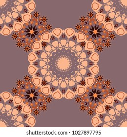 Vintage decorative elements in boho style. Indian, tibetan, ottoman motifs in brown, beige and orange colors. Seamless vector mandala pattern.
