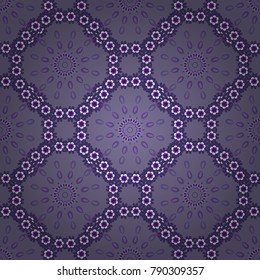 Vintage decorative elements in boho style. Indian, tibetan, ottoman motifs in violet, white and gray colors. Seamless vector mandala pattern.