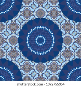 Vintage decorative elements in brown, blue and violet colors. Tribal motifs. Vector oriental background in saturated colors. Seamless pattern mandala ornament.