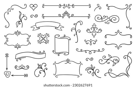 Vintage decorative elements doodle set. frames, borders, swirls, dividers, ribbons, wedding page decor In sketch style. Hand drawn vector illustration isolated on white background