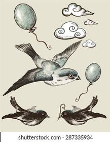 Vintage decorative elements drawn in the background. Author's drawing.
Birds, Clouds, balloons.Decoupage card.Vector.