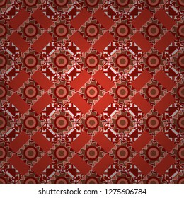 Vintage decorative elements. Hand drawn seamless pattern. Abstract colorful mosaic style. Indian, Arabic, Turkish motifs. Vector patchwork quilt pattern in brown, magenta and red colors.