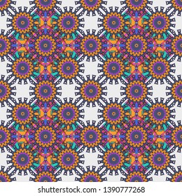 Vintage decorative elements. Hand drawn seamless pattern. Indian, Arabic, Turkish motifs. Abstract colorful mosaic style. Vector patchwork quilt pattern in blue, purple and orange colors.