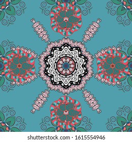 Vintage decorative elements. Hand drawn sketch on blue, pink, white colors. Vector seamless pattern tile with mandalas. Islam, Arabic, Indian, ottoman motifs. Perfect for printing on fabric or paper.