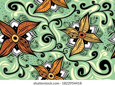 Vintage decorative elements. Hand drawn fantasy doodle seamless pattern, repeating fabric geometric floral design texture. Perfect for printing on fabric or paper. Vector illustration