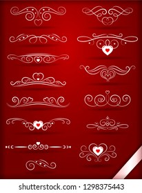 Satz von Vintage-Dekorationsmustern für Valentinstag auf rotem Hintergrund