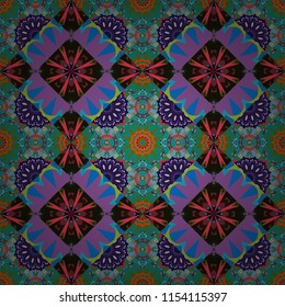 Vintage decorative elements. Indian, Arabic, Turkish motifs. Abstract colorful mosaic style. Hand drawn seamless pattern. Vector patchwork quilt pattern in purple, blue and black colors.