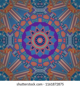 Vintage decorative elements. Indian, Arabic, Turkish motifs. Vector patchwork quilt pattern in blue, beige and pink colors. Abstract colorful mosaic style. Hand drawn seamless pattern.