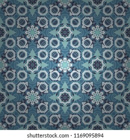 Vintage decorative elements. Indian, Arabic, Turkish motifs. Hand drawn seamless pattern. Patchwork quilt pattern in blue, orange and gray colors. Abstract colorful mosaic style.