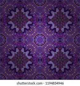 Vintage decorative elements. Indian, Arabic, Turkish motifs. Vector patchwork quilt pattern in blue, violet and purple colors. Abstract colorful mosaic style. Hand drawn seamless pattern.