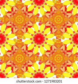Vintage decorative elements. Indian, Arabic, Turkish motifs. Abstract colorful mosaic style. Hand drawn seamless pattern. Vector patchwork quilt pattern in yellow, red and orange colors.