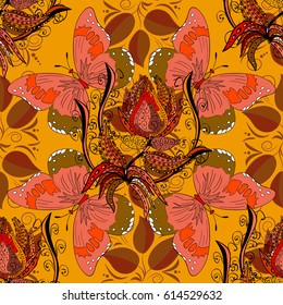 Vintage decorative elements. Islam, Arabic, Indian, ottoman motifs. Vector seamless pattern tile with mandalas. Perfect for printing on fabric or paper. Hand drawn sketch on colorful background.