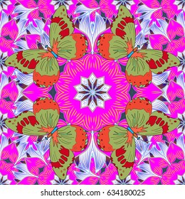 Vintage decorative elements. Islam, Arabic, Indian, turkish, pakistan, chinese, ottoman motifs. Abstract Mandala. Vector illustration. Oriental colored pattern on magenta background.