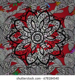 Vintage decorative elements. Islam, Arabic, Indian, ottoman motifs. Vector seamless pattern tile with mandalas. Perfect for printing on fabric or paper. Hand drawn sketch on red background.